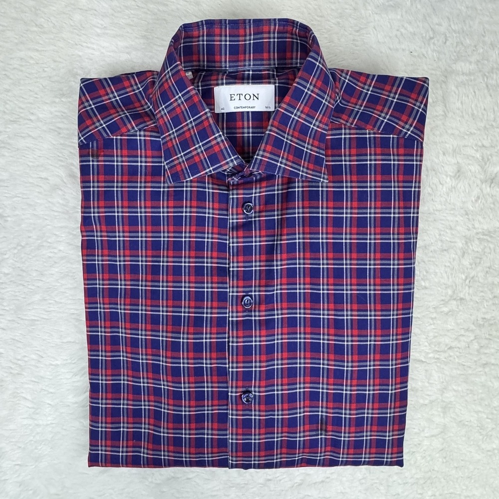 Eton Shirt Mens 16.5 42 Red Blue Plaid Contemporary Button Up Wide Spread Collar